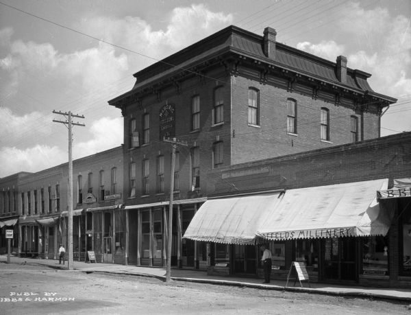 View from street toward the Masonic building (erected 1876). Business signs read: (obscured) "Millinery," "W.F. Terrell," "M.J. Eves Real Estate & Insuranc,e" "W.B. Wallace Real Estate" and "The Hub."