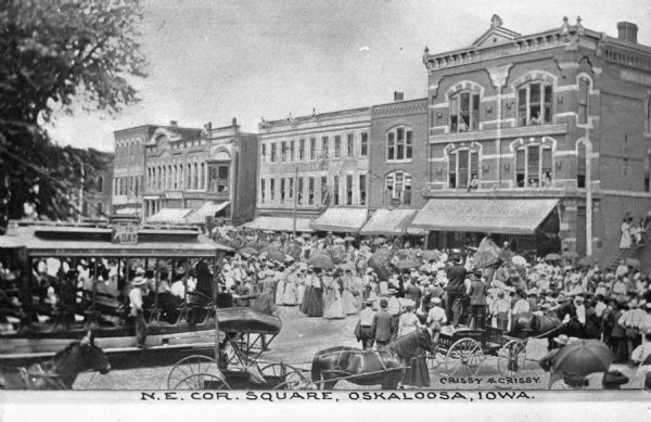A crowd watches a parade of people riding elephants down the street. A cable car and horse-drawn carts are nearby. Caption reads: "N.E. Cor. Square, Oskaloosa, Iowa."