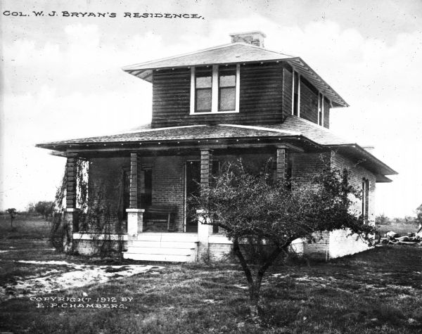 View of residence of Colonel William Jennings Bryan. William Jennings Bryan served as secretary of state and was a presidential nominee, as well as the lawyer for the prosecution in the famous Scopes Monkey Trial. Caption reads: "Col. W.J. Bryan's Residence."