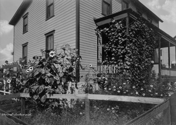 Side view of a home and garden in a company town of Consolidated Coal Company. Two women are on the side porch of the house, and ivy covers the front porch.