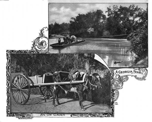 A composite of two photographs depicting an ox cart and a Georgia ferry. The top photograph shows a small cable ferry crossing a river, carrying a horse-drawn vehicle and several passengers. The bottom photograph depicts an ox pulling a small cart. Text on the photograph reads: "A Georgia Ferry" and "An Ox Cart."