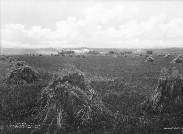 Agricultural workers in a large field in the process of threshing oats, in the vicinity of Tulsa. Piles of oats waiting to be processed are in the field.