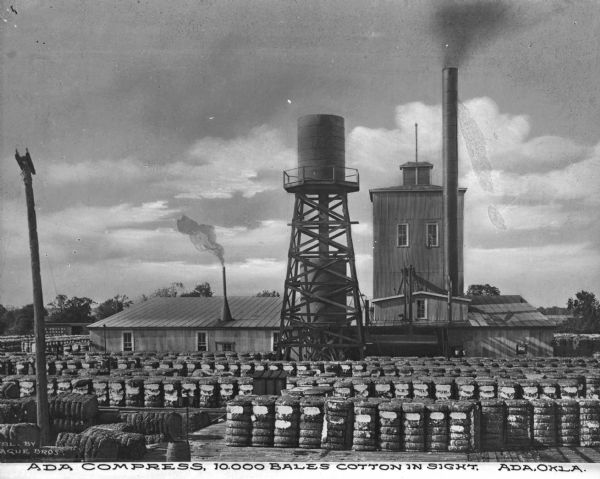 Thousands of bales of cotton with a water tower and a building with smokestacks in the background. Caption reads: "Ada Compress, 10,000 Bales Cotton In Sight, Ada, Okla."