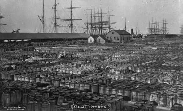 Elevated view of thousands of barrels in storage for the Navy. Masted ships are behind buildings in the background. Caption reads: "Naval Stores."