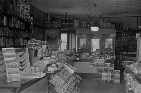 Interior view of Matty's General Store. A number of packaged food products are on display.