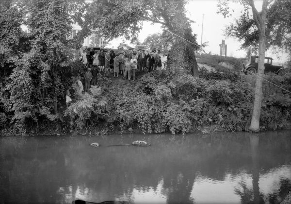 View across river of a crowd gathered on a steep riverbank overlooking a submerged car. There is a large house at the top of the hill.