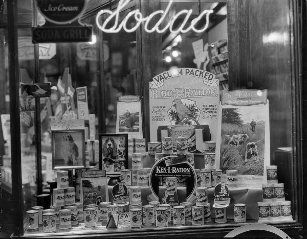 A night view of a pet food display in a store window. In addition to commercial signs advertising Ken-L-Ration and Bird-E-Ration, a handwritten sign advertising Kit-E-Ration is displayed above a framed photograph of the photographer's pet cat, Mary.
