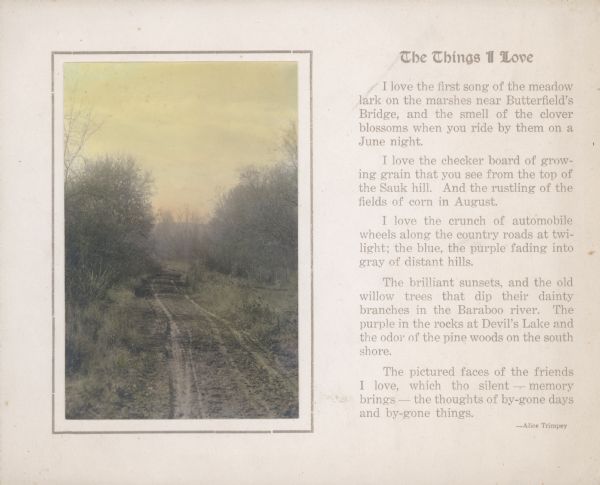 A hand-tinted photograph of a rutted, one lane country road is mounted with a printed border on a sheet of beige paper with a short essay printed alongside. The author is Alice Kent Trimpey, wife of the photographer.
