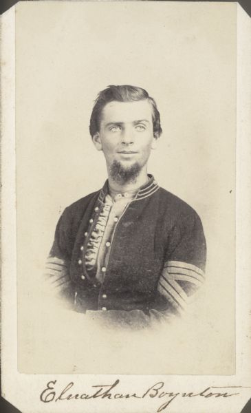 Vignetted carte-de-visite portrait of Eluthian Boynton, 4th Wisconsin Cavalry.