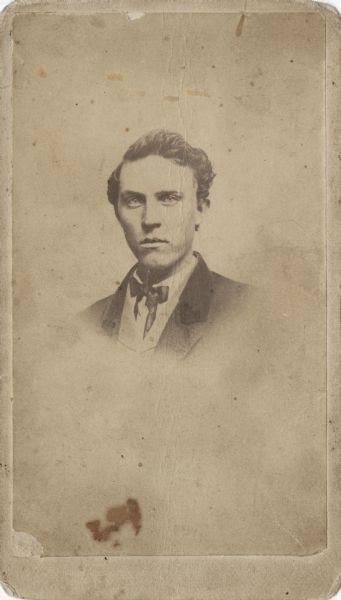 Vignetted carte-de-visite portrait of Joel Stewart, Company C, 4th Wisconsin Cavalry.