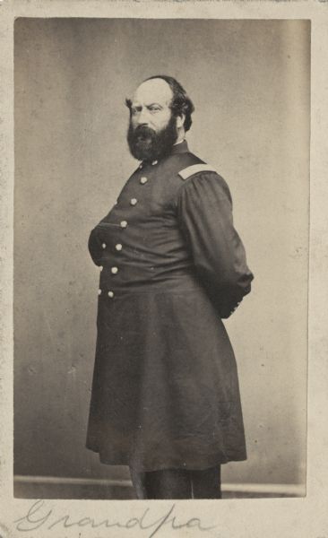 Three-quarter length carte-de-visite portrait of Colonel George B. Bingham, 1st Wisconsin Infantry, standing.