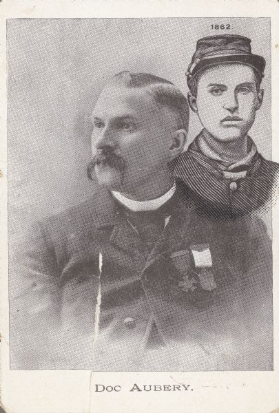 Waist up carte-de-visite portrait of Charles B. "Doc" Aubrey, 6th Wisconsin Infantry ("Iron Brigade") after the war. An engraving of Aubrey from 1862 is printed on the upper right portion of the photograph.