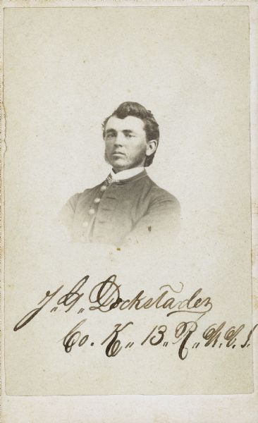 Vignetted carte-de-visite portrait of Jerome G. Dockstader, Company K, 13th Wisconsin Infantry. Later, he become a 2nd Lieutenant with Company G, 51st Wisconsin Infantry.