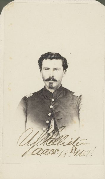 Vignetted carte-de-visite portrait of Lieutenant Uriah S. Hollister, Company K, 13th Wisconsin Infantry. He was later promoted to Captain of the same unit.