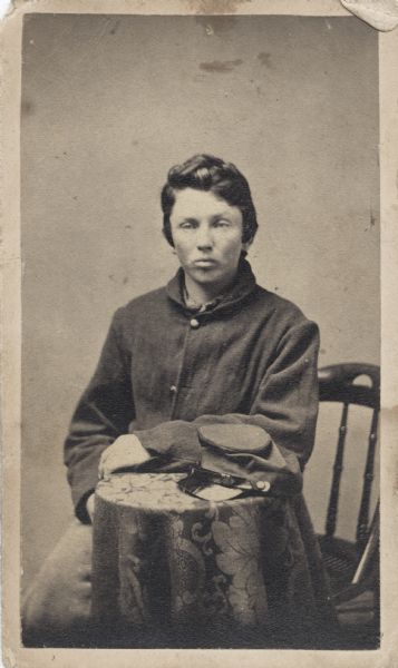 Seated carte-de-visite portrait of Josiah T. Hayden, Company F, 16th Wisconsin Infantry. Josiah was wounded at Atlanta on March 8, 1865.