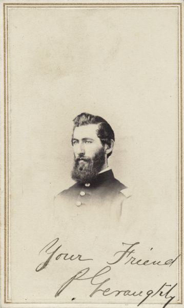 Vignetted carte-de-visite portrait of Captain Patrick Geraughty, Company F, 17th Wisconsin Infantry.