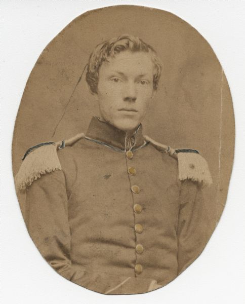 Waist-up portrait of Captain Edward G. Miller, Company G, 20th Wisconsin Infantry, in uniform with epaulettes.