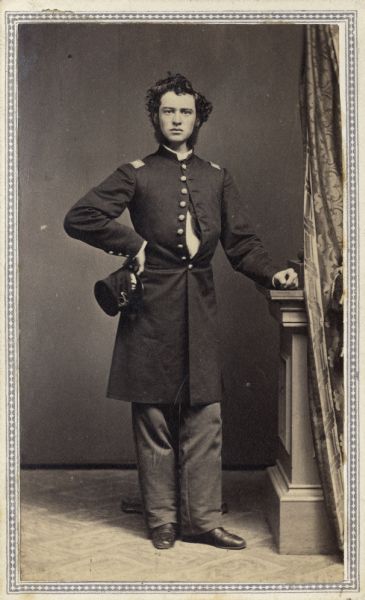 Full-length carte-de-visite portrait of 1st Lieutenant Samuel W. Smith (from Mineral Point), Company E, 30th Wisconsin Infantry.