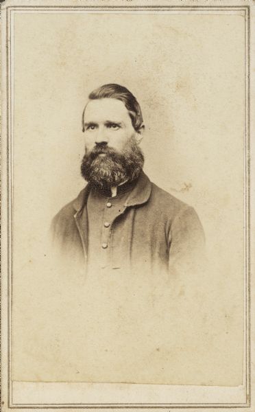 Vignetted carte-de-visite portrait of Samuel Bradley from Rimouski, Canada. Unknown regiment or state he served with during the American Civil War.