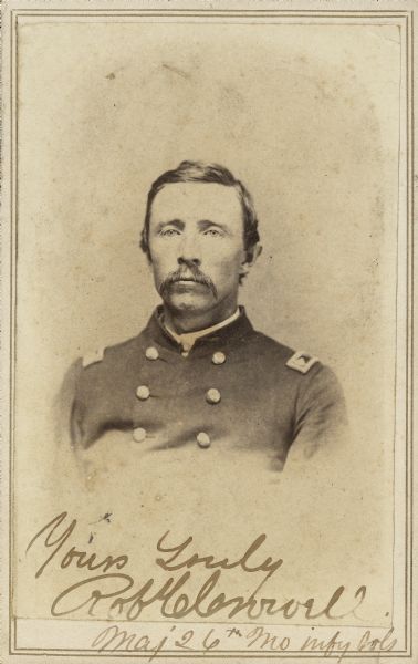 Vignetted carte-de-visite portrait of Major Robert C. Crowell, F & S, 26th Missouri Infantry. When Crowell was mustered into the regiment he held the position of 1st Lieutenant; following an engagement at Champion Hill, near Vicksburg, Mississippi, he was promoted to Major.