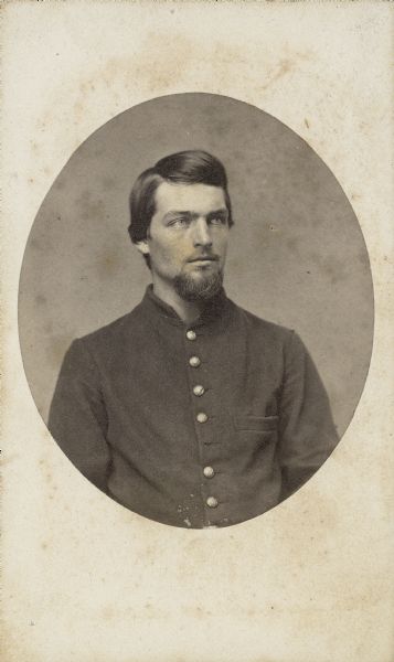 Quarter-length carte-de-visite portrait of Sergeant Major Francis W. Dunn, Company H, 1st Alabama Cavalry (Union).  When Francis W. Dunn was mustered out of service after the war he had obtained the rank of 2nd Lieutenant. The 1st Alabama was organized at Huntsville, Alabama and Memphis, Tennessee in October 1862.