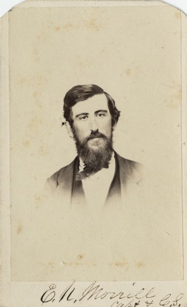 Vignetted carte-de-visite portrait of Edwin N. Morrill, a Captain and Commissioner of Subsistence, Company K, 23rd Wisconsin Infantry.