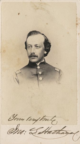 Vignetted carte-de-visite portrait of Captain John L. Hathaway, a Commissary of Subsistence, U.S. Volunteers.