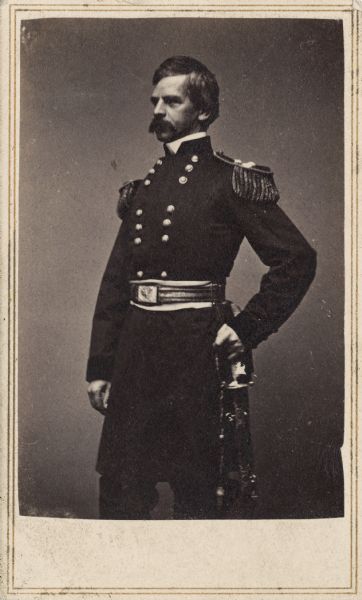 Three-quarter length carte-de-visite portrait of Major General Nathaniel P. Banks, who was born on January 30, 1816 in Waltham, Massachusetts. He is wearing a uniform with epaulettes. Prior to the Civil War he served in both the Massachusetts and the U.S. House of Representatives, as well as becoming the Governor of Massachusetts. On May 16, 1861, President Lincoln appointed him one of the first Major Generals of volunteers. By 1865 he was relieved of his field command and was used by Lincoln to lobby for his reconstruction plan.