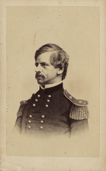 Vignetted engraved portrait of Major General Nathaniel P. Banks in uniform with epaulettes. He was born on January 30, 1816 in Waltham, Massachusetts. Prior to the Civil War he served in both the Massachusetts and the U.S. House of Representatives, as well as becoming the Governor of Massachusetts. On May 16, 1861, President Lincoln appointed him one of the first Major Generals of volunteers. By 1865 he was relieved of his field command and was used by Lincoln to lobby for his reconstruction plan.