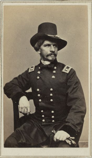 Seated carte-de-visite portrait of Major General Nathaniel P. Banks, who was born on January 30, 1816 in Waltham, Massachusetts. Prior to the Civil War he served in both the Massachusetts and the U.S. House of Representatives, as well as becoming the Governor of Massachusetts. On May 16, 1861, President Lincoln appointed him one of the first Major Generals of volunteers. By 1865 he was relieved of his field command and was used by Lincoln to lobby for his reconstruction plan.