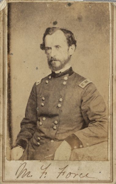 Waist-up carte-de-visite portrait of Manning F. Force, Major General of volunteers, sometime after the Siege of Vicksburg where he was shot below his right eye and was awarded the Congressional Medal of Honor for his actions.