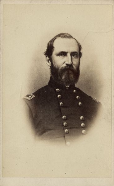 Vignetted carte-de-visite portrait of Major General John G. Foster. At the start of the war he was the chief engineer of the fortifications of Charleston Harbor, and was a leading participant in the bombardment of Fort Sumter. He later took part in General Burnside's North Carolina expedition, and commanded the Department of North Carolina, the Department of Ohio, the Department of the South, and the Department of Florida respectively.