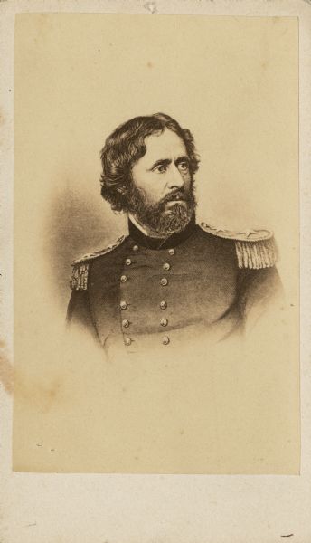 Engraved vignetted carte-de-visite portrait of Major General John C. Fremont in officer uniform. During the war he commanded the Department of the West.