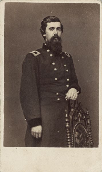 Three-quarter length carte-de-visite portrait of Walter Quintin Gresham with the rank of Brigadier General. At the start of the war he was initially denied an officer's commission by the governor of Indiana. Soon after this, he raised his own company, which elected him as their captain. By March 1861, he had become the Lieutenant Colonel of the 38th Indiana Volunteers, and that year he was promoted to the rank of colonel. In 1862 he participated in the Vicksburg Campaign and was promoted to Brigadier General. In spring 1864 he took part in General Sherman's Atlanta Campaign, where he was shot in the knee by a sharpshooter, serving the rest of the war out of active service. In March 1865 he received a brevet promotion to Major General because of his efforts in Atlanta.