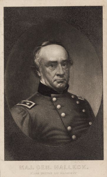 Engraved quarter-length carte-de-visite portrait of Major General Henry Wager Halleck. In November 1861, President Lincoln appointed Halleck as a Major General and transferred him to St. Louis, Missouri, as head of the Department of Missouri in order to reorganize and strengthen Union efforts there. Following the Union victory at the Battle of Pea Ridge, which effectively removed Confederate forces from the area, Halleck's command was enlarged and reconstructed as the Department of the Mississippi. His ability to organize military efforts allowed General Grant to penetrate further into Confederate held territory and to conduct the large campaign at Vicksburg. As the war progressed, Lincoln decided to relieve Halleck from active field command and called him back to Washington to be appointed General-in-Chief of all Union forces.