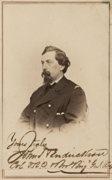 Vignetted carte-de-visite portrait of Colonel John Hendrickson, 13th Veteran Reserve Corps. The regiment was organized on October 10, 1863. Hendrickson was given the rank of colonel on September 29, 1863 and he was eventually given a brevet promotion to Brigadier General on March 13, 1865.