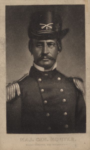 Engraved quarter-length carte-de-visite portrait of Major General David Hunter. David Hunter as promoted to Major General in August 1861 and was appointed Commander of the Western Department on November 2, 1861. The following winter and spring he was transferred to command the Department of Kansas and then to the Department of the South. In the spring of 1864 he was given the command of the Army of the Shenandoah.