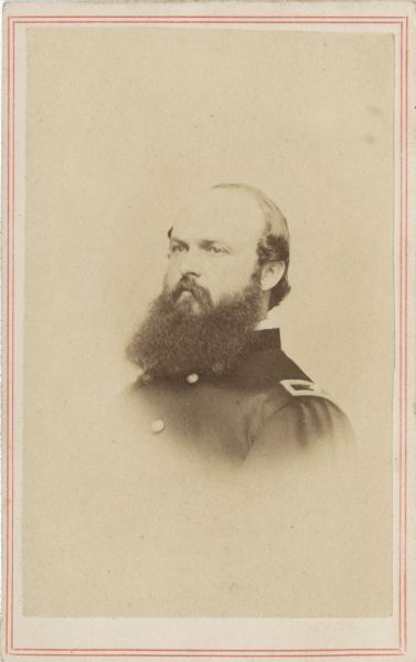 Vignetted carte-de-visite portrait of Major General John McAllister Schofield. At the outbreak of the Civil War, he was commissioned as a major in the Missouri volunteer regiment. Shortly following his commander's death, at the Battle of Wilson's Creek, he was promoted to Brigadier General of volunteers until November 1862 when he was further promoted to Major General. After his promotion, he became Commander of the Army of the Frontiers and the District of St. Louis, until April 1863, when he was given command of the Department of Missouri. In the spring of 1864 until the end of the war, he was assigned command of the Department of Ohio and the Army of Ohio. In this assignment he assisted General Sherman near Chattanooga when he was advancing towards Atlanta.