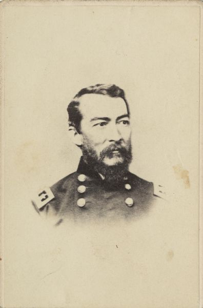 Vignetted carte-de-visite portrait of Major General Philip Henry Sheridan. For his actions in the war he was able to quickly rise through the ranks, starting as a captain in May 1861, followed in May 1862 to Colonel of the 2nd Michigan Cavalry, then in July 1862 to Brigadier General, and then finally in January 1863 he was promoted to Major General. Once a Major General, he became Commander of the Army of Shenandoah, leading a division at the Battles of Chickamauga and Chattanooga. In the Wilderness Campaign he led a cavalry corps of the Army of the Potomac.
