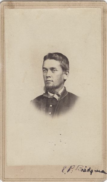 Vignetted carte-de-visite portrait of Private Edward P. Bridgman, Company G, 37th Massachusetts Infantry.