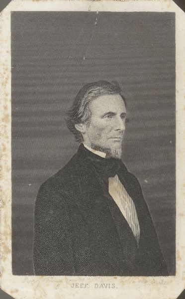 Engraved three-quarter length carte-de-visite portrait of Jefferson Davis, president of the Confederate States of America.