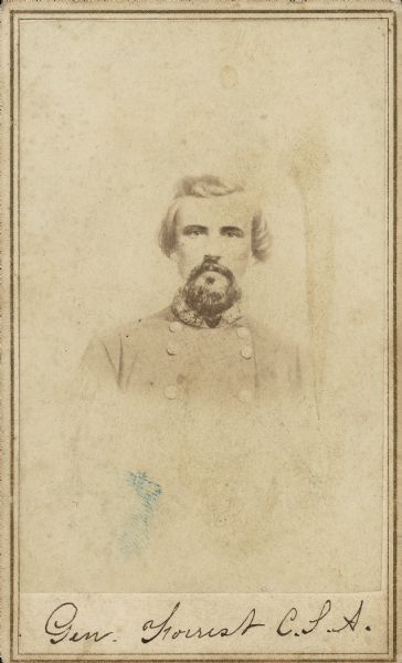 Vignetted carte-de-visite portrait of Confederate General Nathan Bedford Forrest. At the start of the war Forrest enlisted as a private but was quickly promoted to colonel because of his social status. In 1864 he was given an independent command and promoted to general. Following the conclusion of the war, Forrest went on to become a member of the Ku Klux Klan.