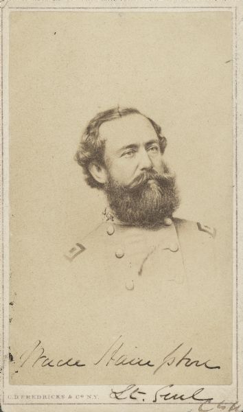 Vignetted carte-de-visite portrait of Confederate Lieutenant General Wade Hampton III. Prior to the of the war, he was one of the largest slave owners in the South. When the war started he helped to organize and equip Hampton's South Carolina Legion, where he held the rank of Colonel. At the Battle of Gettysburg he held the rank of Brigadier General and commanded a cavalry brigade during the battle. In August 1863 he was promoted to Major General, commanding a cavalry division in the Army of Northern Virginia, eventually becoming Commander of the Cavalry Corps. In 1865 he received his last promotion to Lieutenant General and commanded the cavalry in the Army of Tennessee and a division in the Army of Northern Virginia.