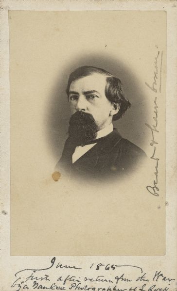 Vignetted carte-de-visite portrait of Confederate Lieutenant Colonel John Harrell of Harrell's Battalion in the Arkansas Cavalry.