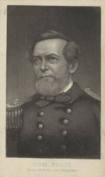 Engraved quarter-length carte-de-visite portrait of Commander Andrew Hull Foote in uniform with epaulettes. When the Civil War broke out, Foote was placed in command of naval operations on the western rivers (Upper Mississippi River). His flotilla of gun boats coordinated with General Grant's troops in capturing Fort Henry in early February 1862. A few days later after capturing Fort Henry, Foote and Grant also worked together in capturing Fort Donelson. During the naval bombardment of the fortifications, Foote was injured in the leg and foot. It is believed that these wounds caused his death, in part, on June 26, 1863.