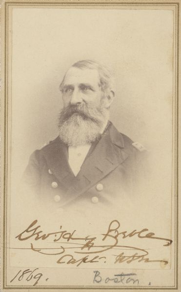 Vignetted carte-de-visite portrait of Captain George Henry Preble. Starting in 1861 Preble commanded the gunboat <i>Katahdin</i>, serving with Rear Admiral David Glasgow Farragut on the Mississippi River, participating in the capture of New Orleans and at the Battle of Vicksburg. On July 16, 1862 he was promoted to commander and given command of the steam-sloop <i>Oneida</i>. After the war he remained in the Navy achieving the rank of commodore on November 2, 1871.
