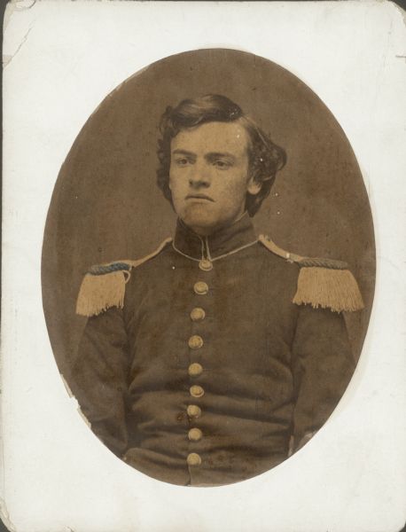 Waist-up portrait of Captain Pliny Norcross from La Grange, Wisconsin. At the start of the Civil War he enlisted with Company K, 1st Wisconsin Infantry, for a three-month service term as a 3rd Sergeant. When he was mustered out of service on August 21, 1861, he held the rank of Corporal.  On October 30, 1861 he re-entered military service with the 13th Wisconsin Infantry as the Captain of Company K. He was finally mustered out of service on November 18, 1864.