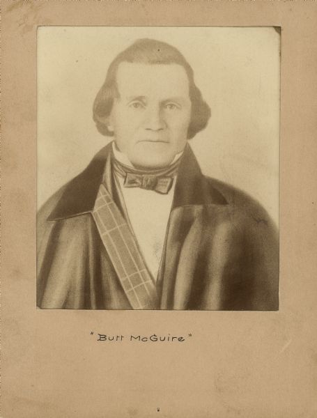 Engraved portrait of Burr McGuire who was captured by Company A, 1st Wisconsin Cavalry, on the morning of August 18, 1862 near Jackson, Missouri.