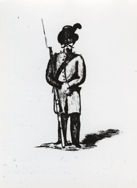 Marginal sketch of a soldier on guard from original letters written by Private Edmund F. Bennet of Newport, Wisconsin, Company E, 12th Wisconsin Volunteers.