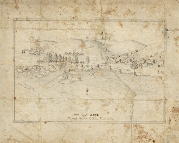 A small amateur drawing of the camp, with surrounding terrain, occupied by the 104th Regiment, New York State Volunteers near Belle Plains, Virginia, during the Civil War. Created about 1862-1865. The principle supply depot for the Union Army of the Potomac was at Belle Plains.

It is said to be a drawing by George R. Hall of the above-mentioned regiment, although it is probably a copy, perhaps after a published wood-engraving by H. Besancon (whose name appears on the left of the drawing). A view of the supply depot at Belle Plains, after Theodore Davis, appears in <i>Harper's Weekly</i>, Dec. 20, 1862, page 805.